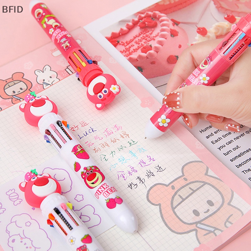 [BFID] Strawberry Bear 10warna Pulpen Bolpoin Multi Warna Kawaii Kartun Press-type Color Pen Alat Tulis Sekolah Pasokan Multi-Fungsi Hadiah Alat Tulis [ID]