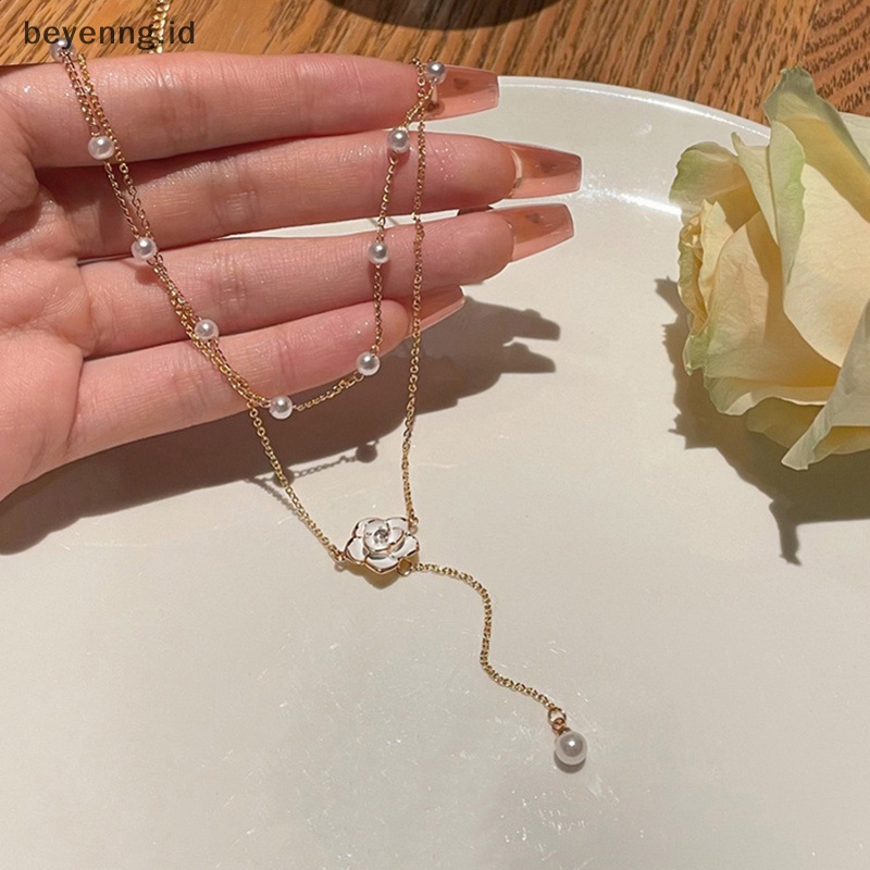 Kalilaeyen kalung mutiara rumbai berlapis dalikaouble untuk desain ceruk perempuan rantai tulang kerah camellia cahaya mewah high-end merasa temperamen rantai leher dalika