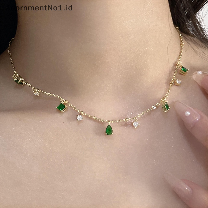 [AdornmentNo1] Retro zamrud hias berlian imitasi kalung perempuan temperamen sederhana Exquisite rantai klavikula perhiasan hadiah