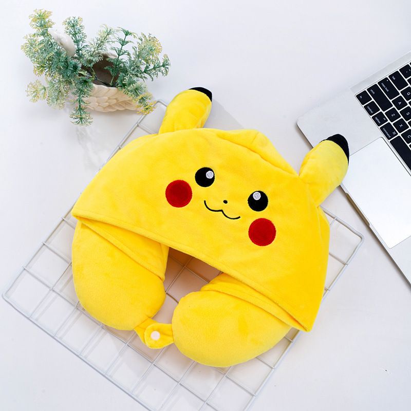 Hooded Neck Pillow Bantal Leher / Pikachu Doraemon Neck Pillowtravel / Bantal Leher Halus Lembut Terbaru Lucu Bantal Sandaran Mewah Tidur Busa Travel Portabel Mobil Pesawat Bus Kereta Kantor Cute Neck Pillow
