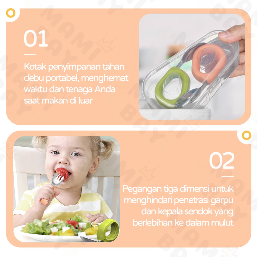 Mamibayi 2Pcs Sendok Garpu Set Sendok Belajar Makan Bayi Bahan Stainless Lengkung Gagang Silicon Training Spoon Baby