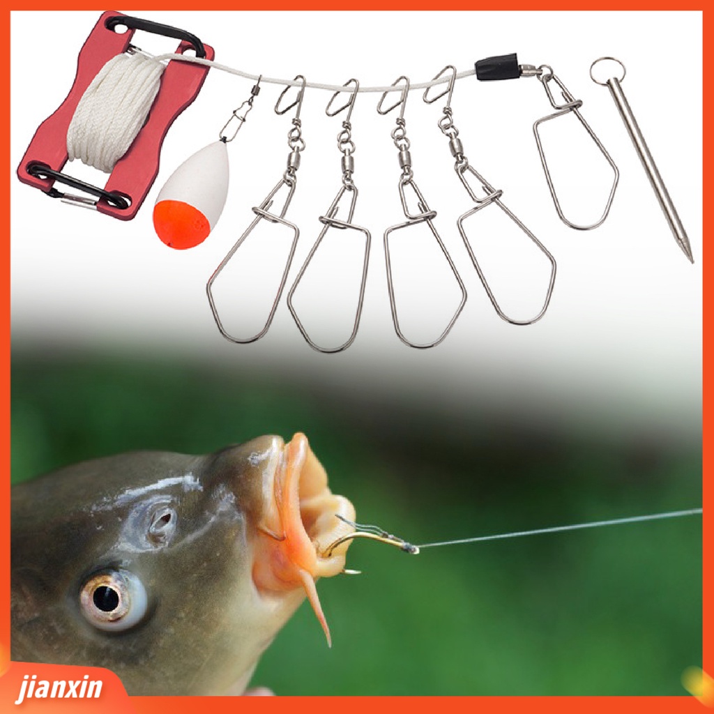 (In Stock) Outdoor Fishing Lure Stringer Stainless Steel Pengunci Gesper Ikan Klip Lock Hook Dengan Tali Pelampung