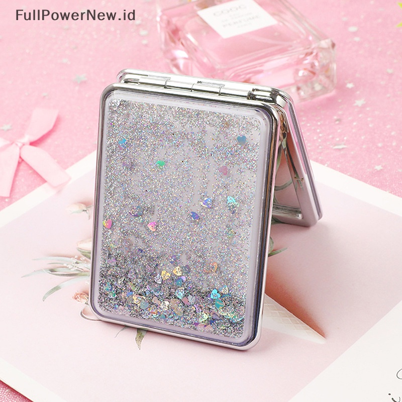 Power Cermin Saku Kosmetik Lipat Dua Sisi Portable Dengan Pasir Berkilau Mengalir ID