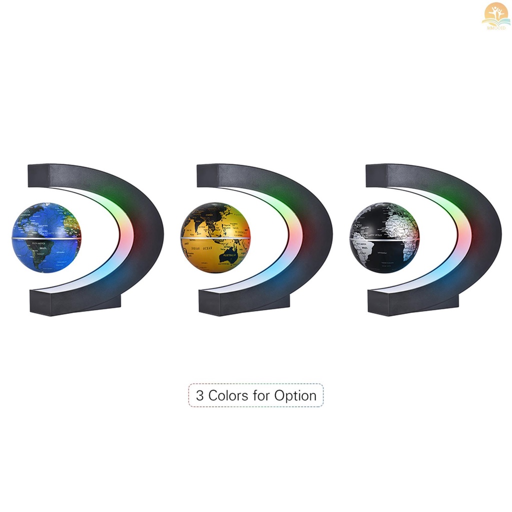 In Stock Globe Peta Dunia Apung Magnetik Berbentuk C 3inci Dengan Lampu Warna LED Untuk Dekorasi Rumah Kantor Mengajar Demo Emas, Plug Uni Eropa