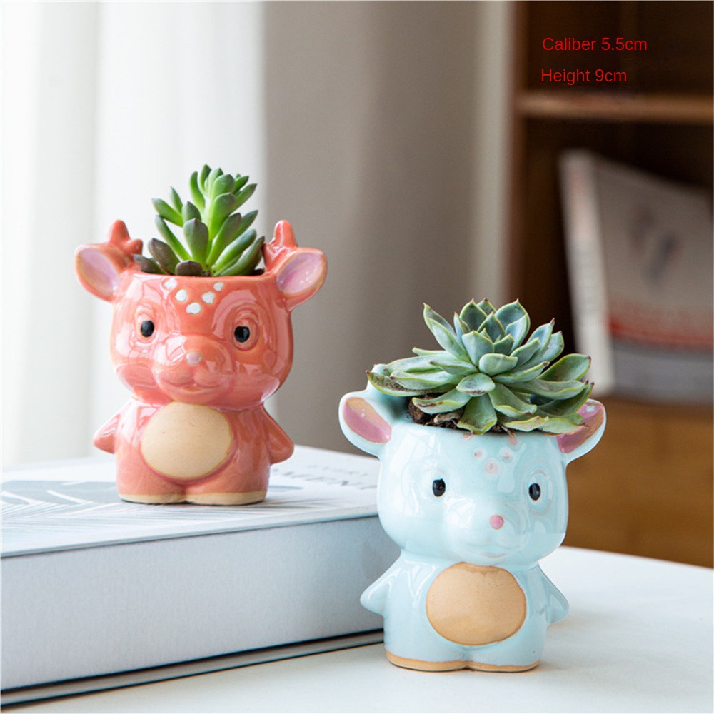 ღ Lucu Rusa Berbentuk Pot Bunga Sukulen Kartun Hewan Pot Bunga Keramik Succulent Planter Berkebun Rumah Succulent Pot Dekorasi Desktop