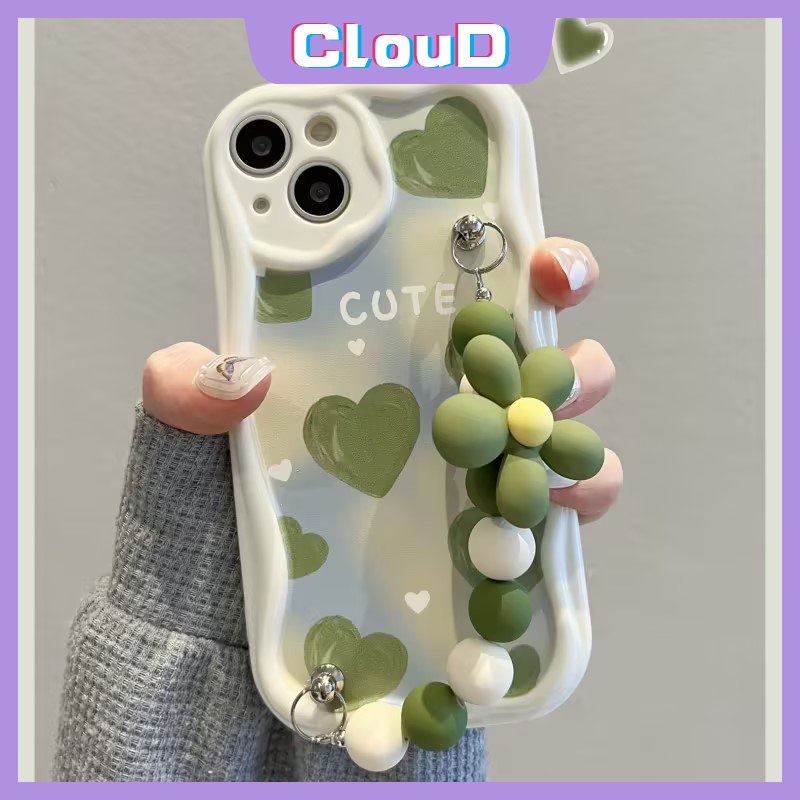 Casing Tepi Melengkung Bergelombang 3D Untuk Redmi 9T 9A A2 9C NFC 10C 10A A1 9 10 POCO M3 Redmi Note12 11 8 11s 10s 9 10 Pro Max Art Cat Minyak Green Love Heart Case Dengan Tangan Bunga Gelang Tangan