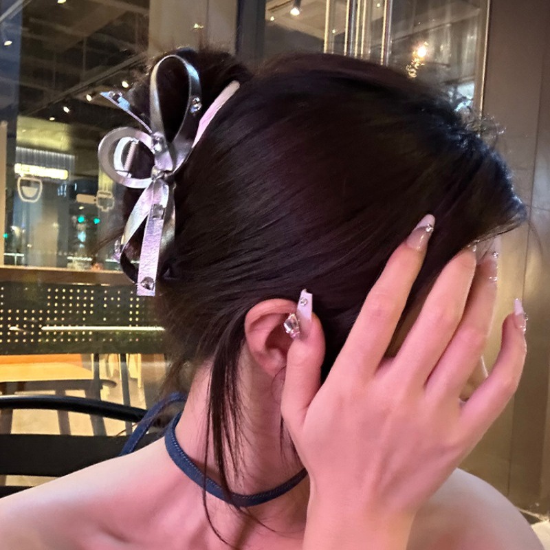 Air Berlian Bintang Busur Rambut Klip Hiu Perempuan Klip Back Scoop Silver Pan Hair Clasp Clip Headwear Y2K