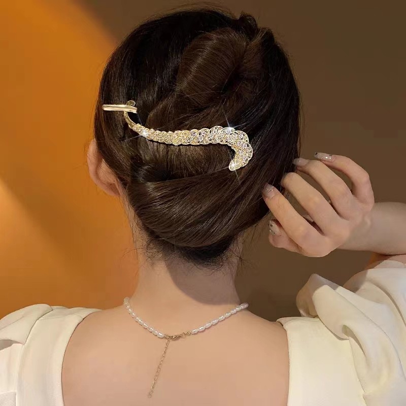 Elegan Wanita Besar Rambut Pin Pesta Pernikahan Halus Ponytail Holder Twist Clip Alloy Hiasan Kepala Hadiah Aksesoris Rambut Korea INS Style Populer Berlian Imitasi Mengkilap Gandum Jepit Rambut