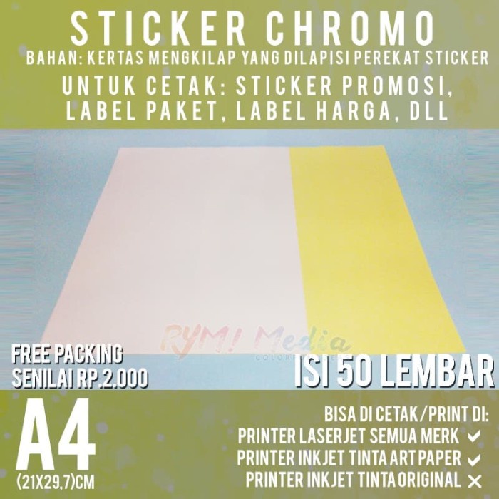 

Kertas Sticker Chromo A4 isi 50 Lembar / Stiker Glossy Mengkilap A4