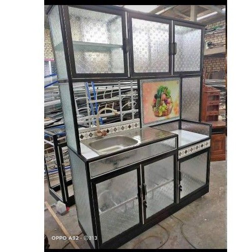 Lemari Multifungsi Rak Piring dengan Wastafel dan Tempat Magic Com Almini Aluminium Serbaguna Kerami