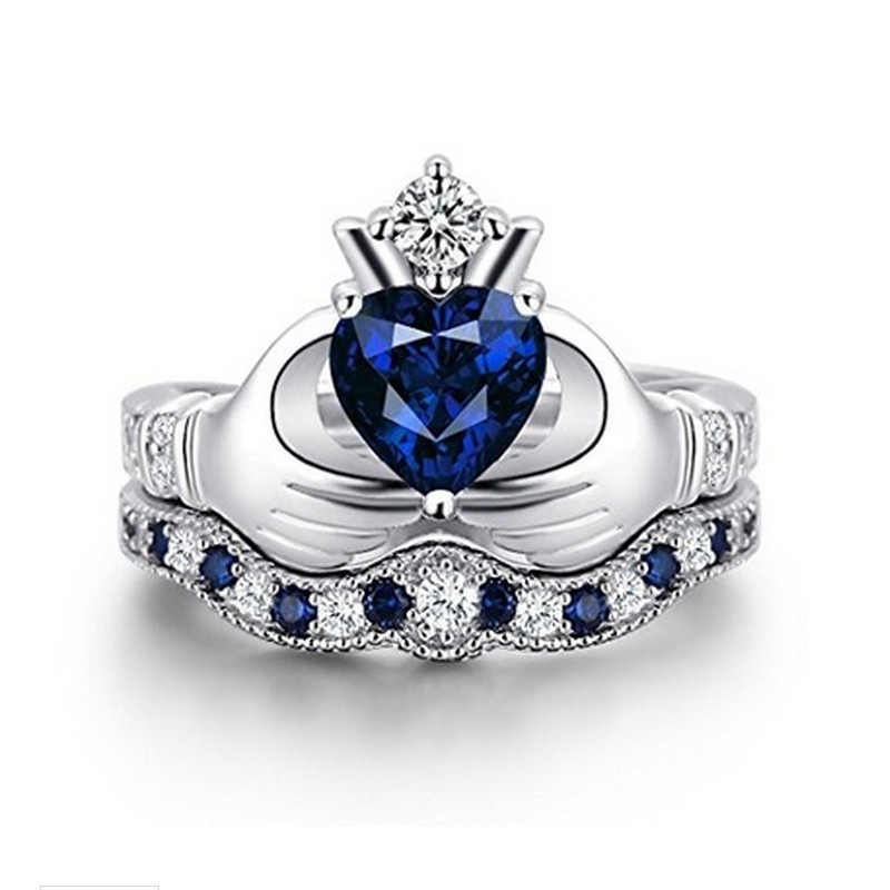 Goldkingdom Fashion Perhiasan Aksesoris Ready Stock Eropa Dan Amerika Mewah Ganda Set Cincin Zirkon Biru Tangan Memegang Hati Cincin