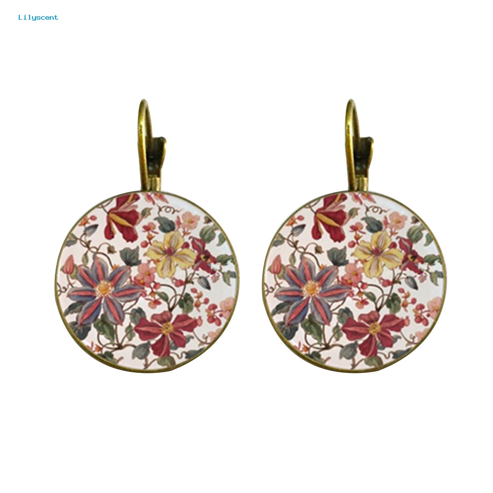 Lilyscent Vintage Bunga Dicetak Liontin Bulat Wanita Leverback Earrings Perhiasan Pesta