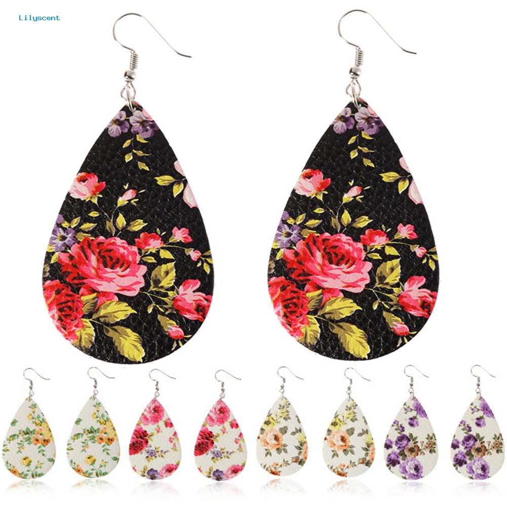 Lilyscent Boho Wanita Motif Bunga Teardrop Menjuntai Faux Kulit Kait Anting Perhiasan