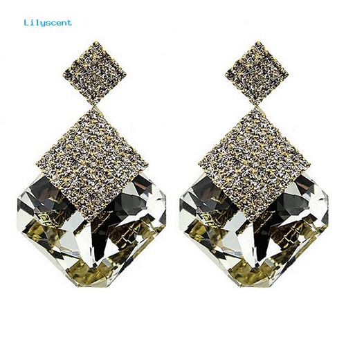 Lilyscent Wanita Fashion Mewah Berkilau Besar Persegi Berlian Imitasi Pendant Drop Earrings