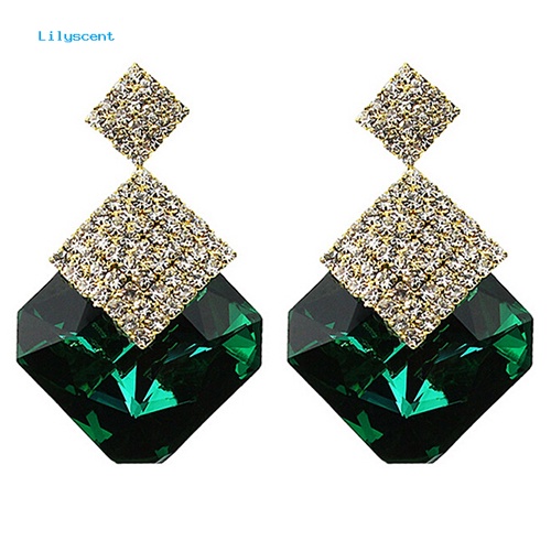 Lilyscent Wanita Fashion Mewah Berkilau Besar Persegi Berlian Imitasi Pendant Drop Earrings