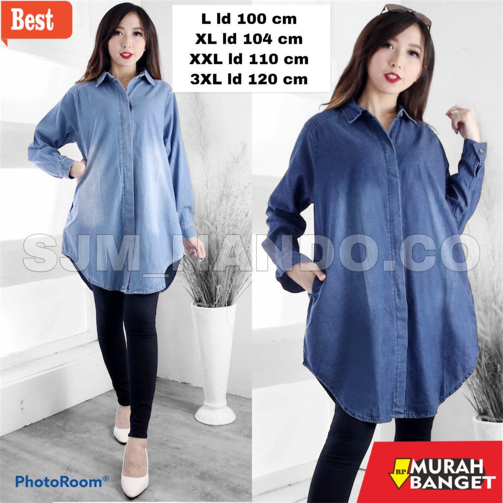 Tunik jumbo terbaru untuk wanita- Nando denim tunik lengan panjang jumbo baju atasan wanita bahan de