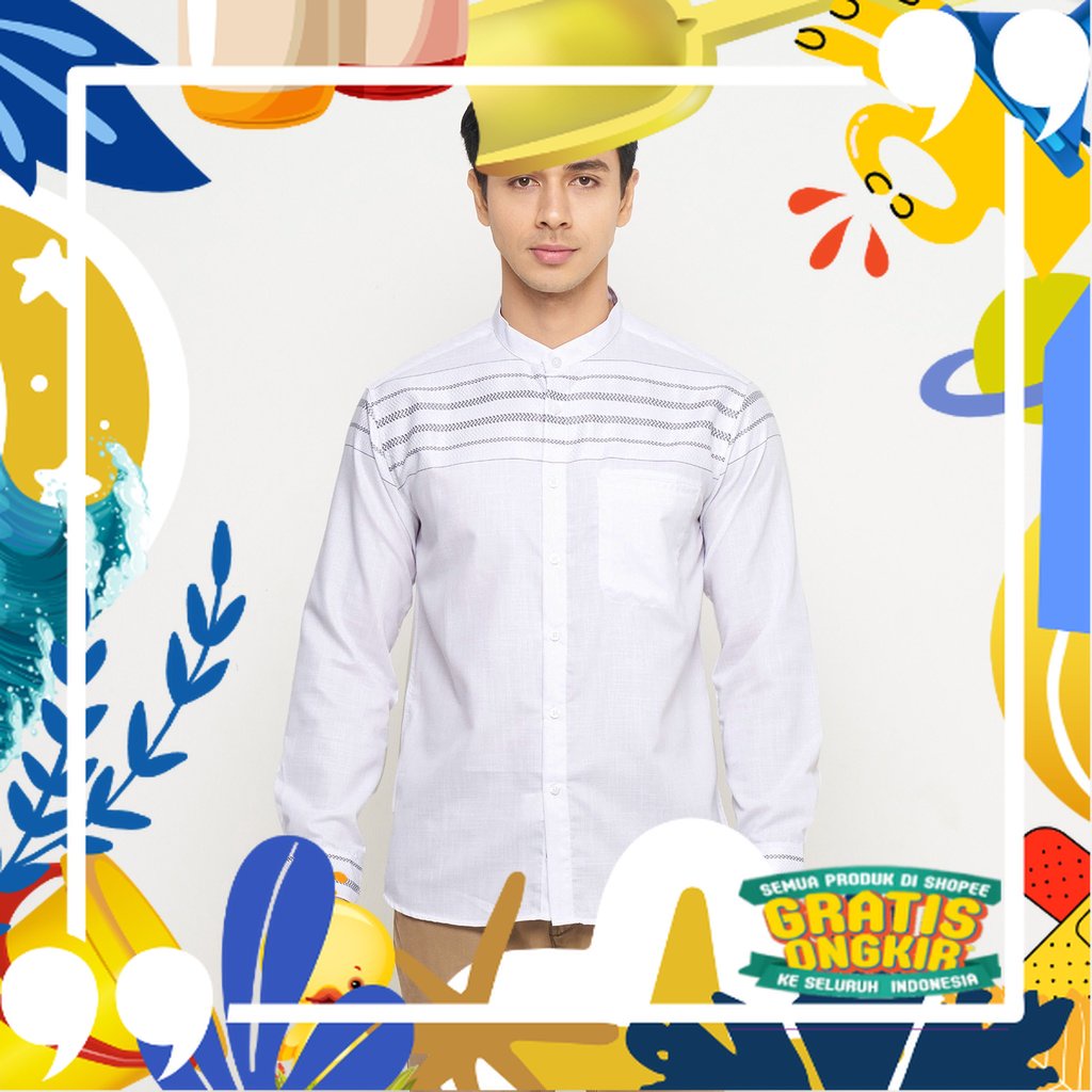 Baju Muslim Pria Kemeja Koko Kerah Shanghai Motif Lengan Panjang Warna Putih OLRM107/ Pink Coklat Ma