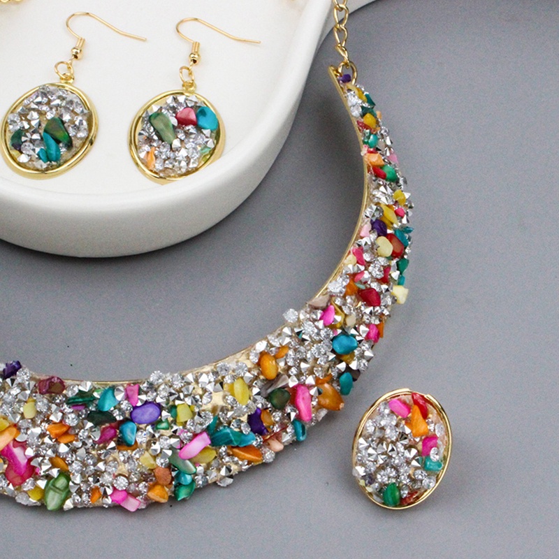 Temperamen Eropa Dan Amerika Perhiasan Pengantin Mengkilap Paduan Bertatahkan Berlian Penuh Perhiasan Pernikahan Kalung Cincin Anting Set