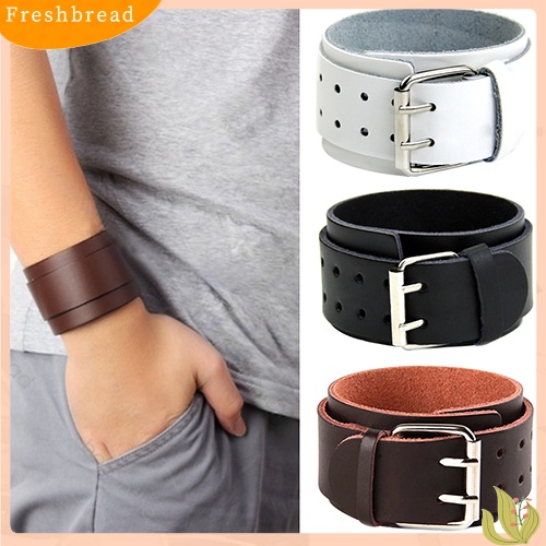 &lt; Freshbread &gt; Adjustable 2lapisan Gelang Kulit Imitasi Pria Gesper Cuff Bangle Bracelet