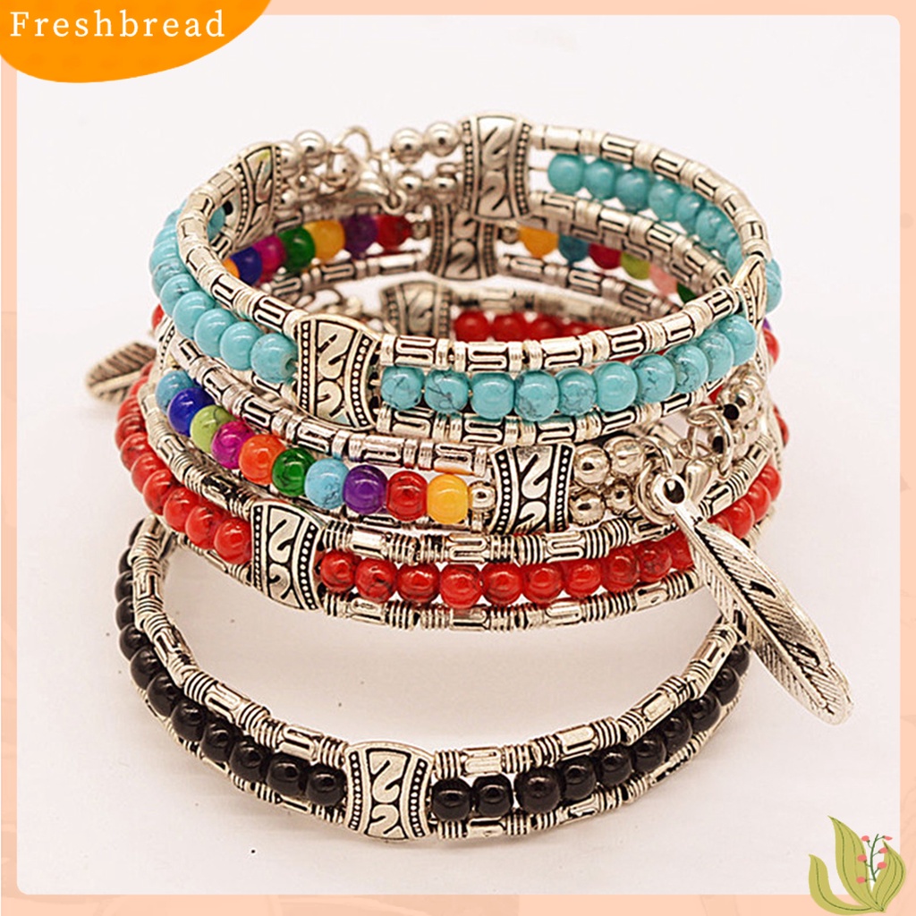 &lt; Freshbread &gt; Gelang Wanita Bentuk Bulu Bahan Alloy Imitasi Turquoise Tiga Lapis Women Bangles Untuk Hadiah