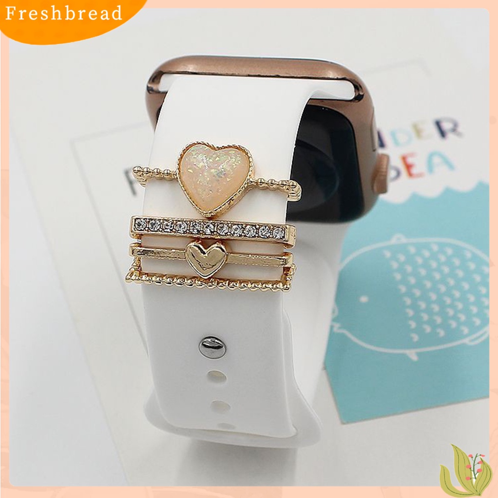 &lt; Freshbread &gt; 4Pcs Watch Band Dekorasi Rings Pesona Logam Berlian Imitasi Mengkilap Hias Berkilau Geometris Hadiah Valentine Bentuk Hati Silikon Watch Strap Bracelets