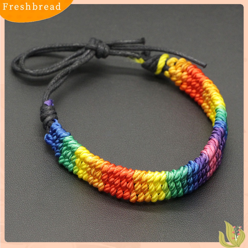 &lt; Freshbread &gt; Vintage Rainbow Menenun Tali Kulit Imitasi Gelang Adjustable Wanita Bangle Jewelry