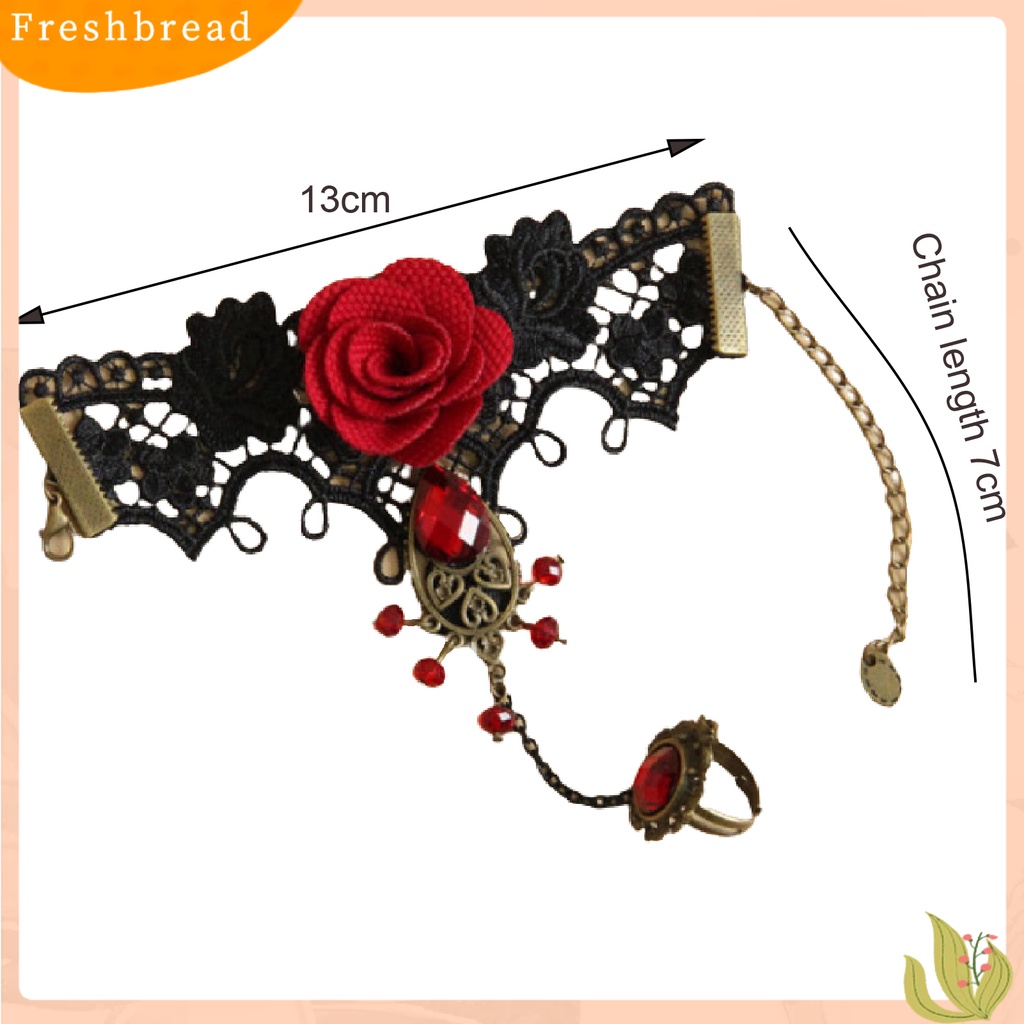 &lt; Freshbread &gt; Rose Decor Black Lace Cincin Gelang Wanita Permata Imitasi Mutiara Imitasi Cincin Tangan Rantai Perhiasan Aksesori