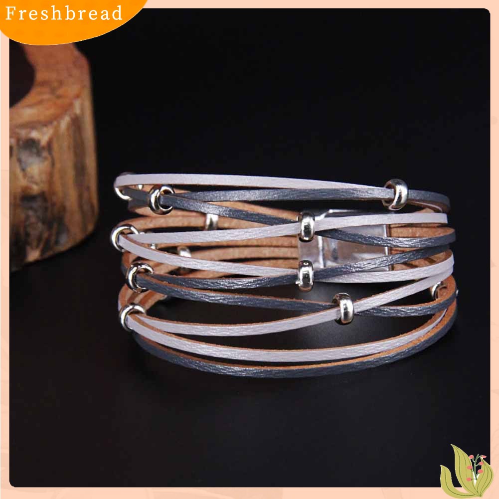 &lt; Freshbread &gt; Fashion Wanita Multi Layer Beaded Cross Gelang Kancing Kulit Asli