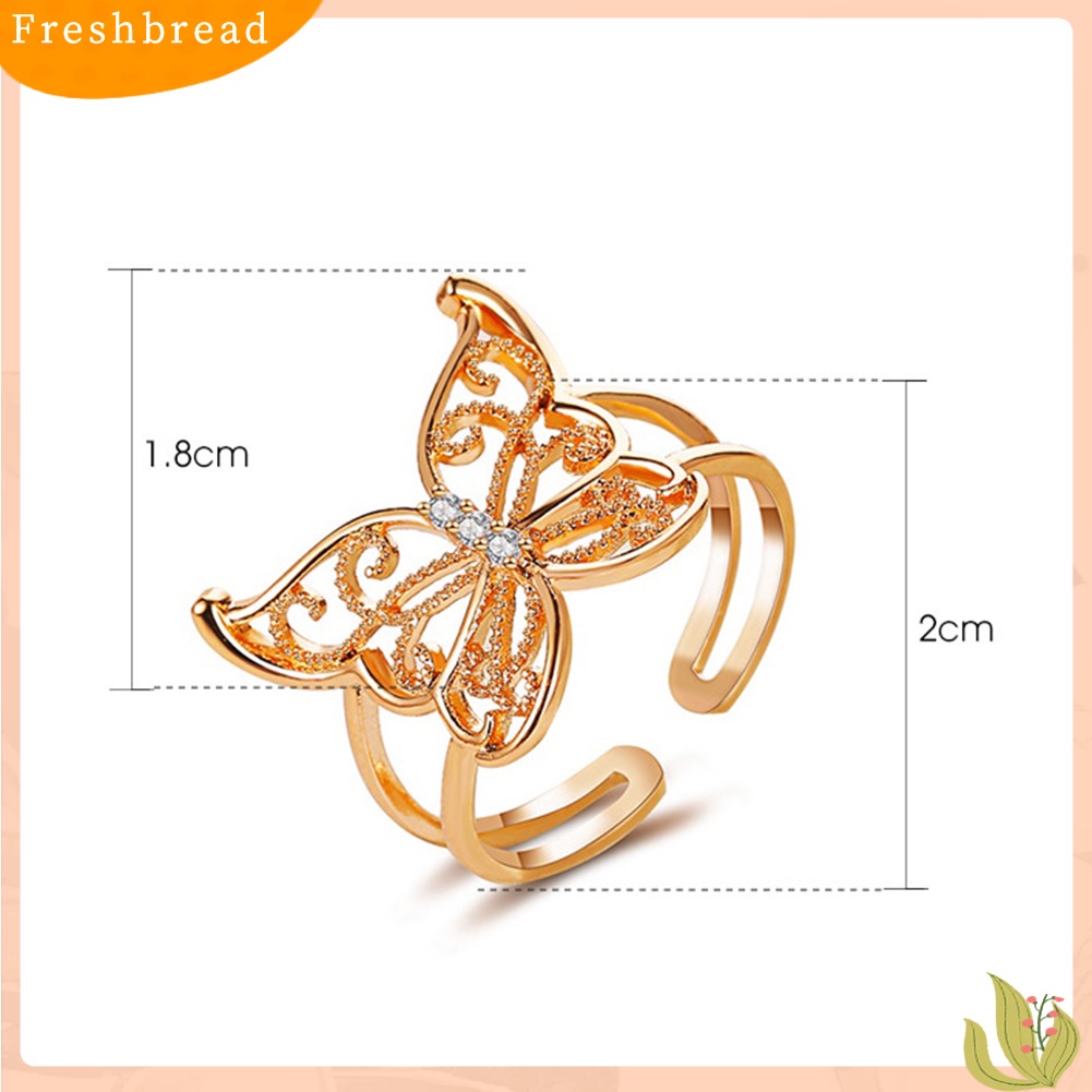 < Freshbread > Fashion Wanita Berongga Kupu-Kupu Berlian Imitasi Pembukaan Lebar Jari Cincin Perhiasan Pesta
