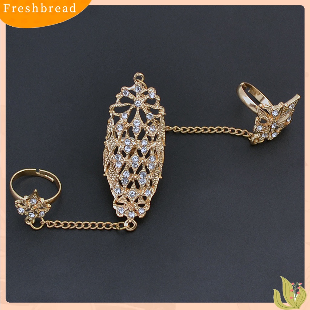 &lt; Freshbread &gt; Opening Ring Berlian Imitasi Tertanam Alloy Warna Emas Berlubang-out Leaf Dual Finger Chain Ring Untuk Pacaran