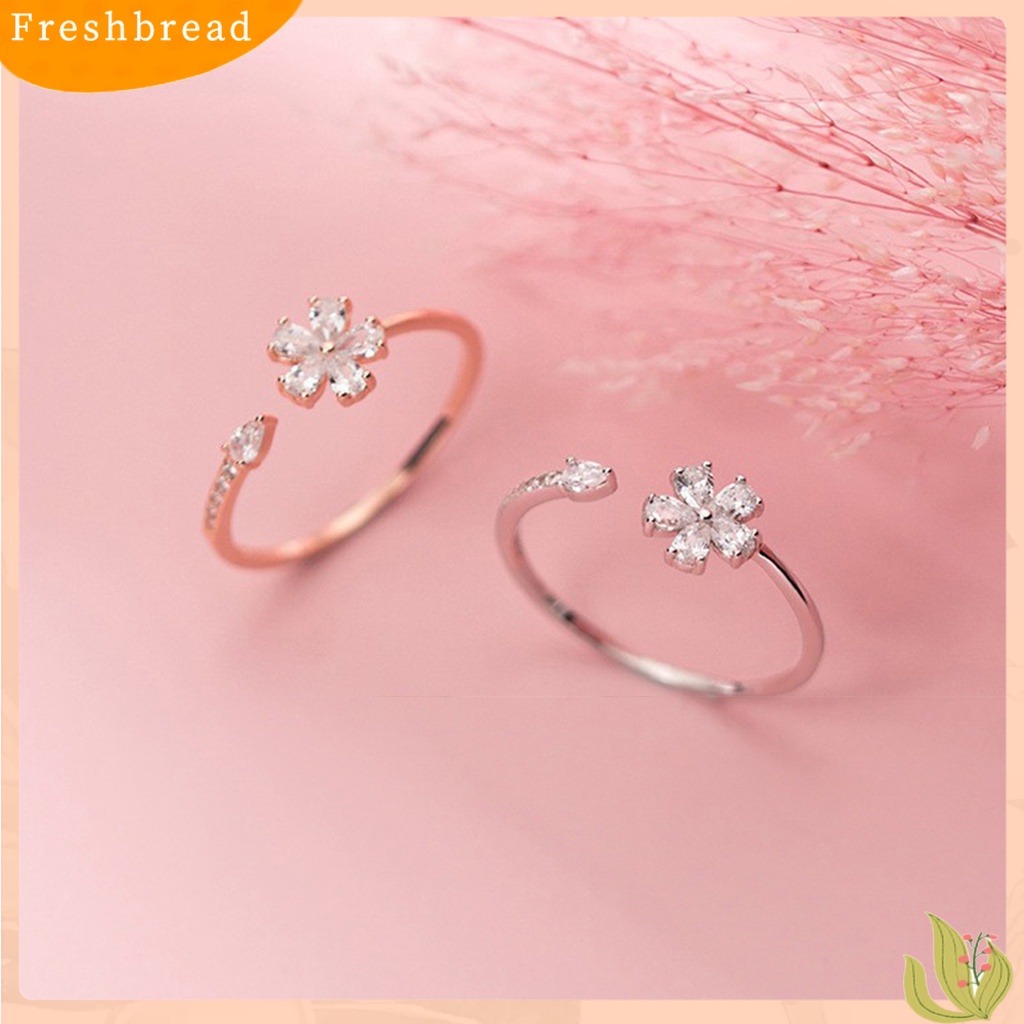 &lt; Freshbread &gt; Wanita Cincin Pembukaan Manis Mewah Emas Warna Perak Berlian Imitasi Tertanam Lima Kelopak Bunga Jari Cincin Perhiasan Fashion