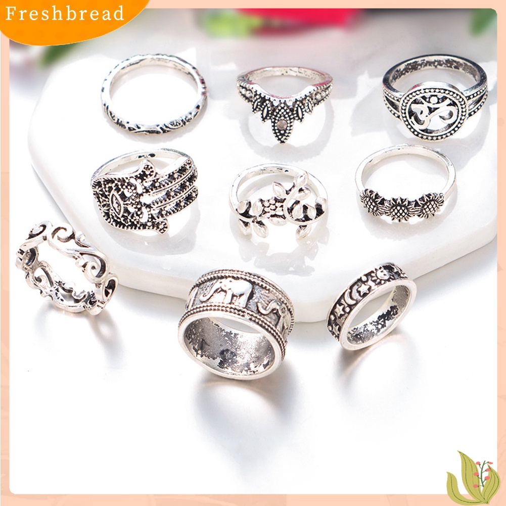 &lt; Freshbread &gt; 9Pcs Wanita Retro Ukiran Bunga Matahari Hamsa Tangan Fatima Hollow Knuckle Rings Set