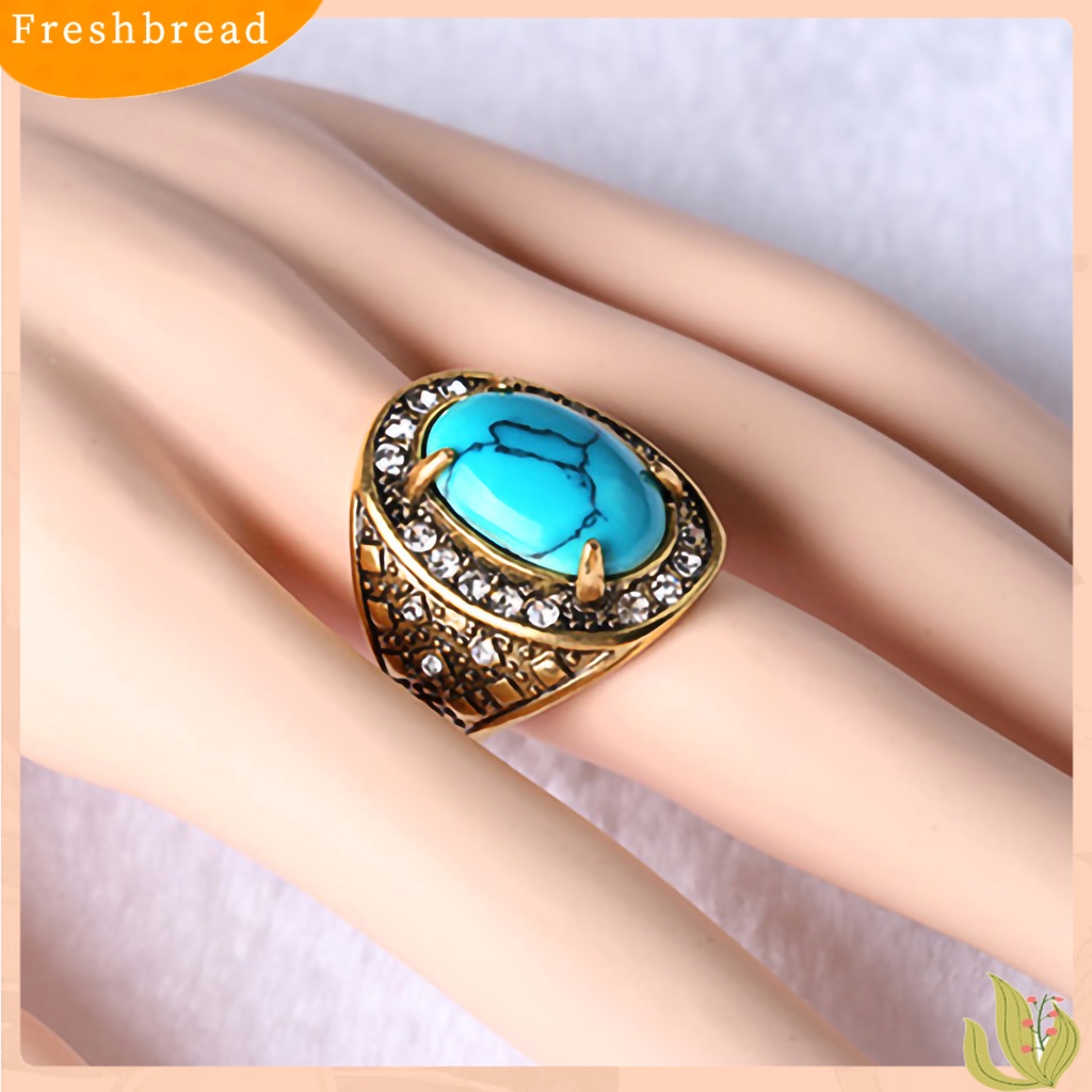 &lt; Freshbread &gt; Cincin Unisex Turquoise Hias Berlian Imitasi Retro Pria Wanita Perhiasan Cincin Untuk Pesta