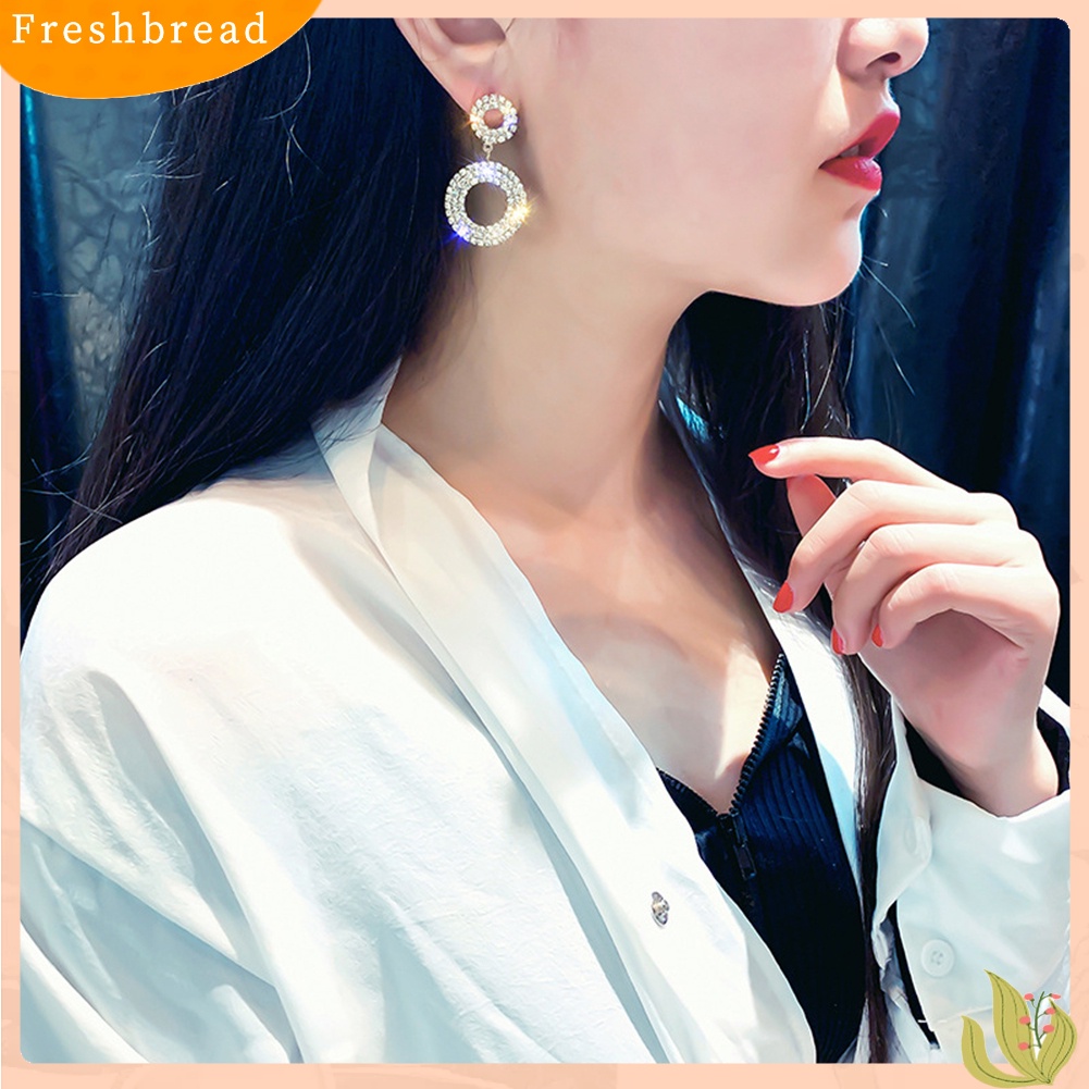 < Freshbread > Fashion Lingkaran Ganda Hias Berlian Imitasi Wanita Stud Earrings Pesta Perhiasan Hadiah
