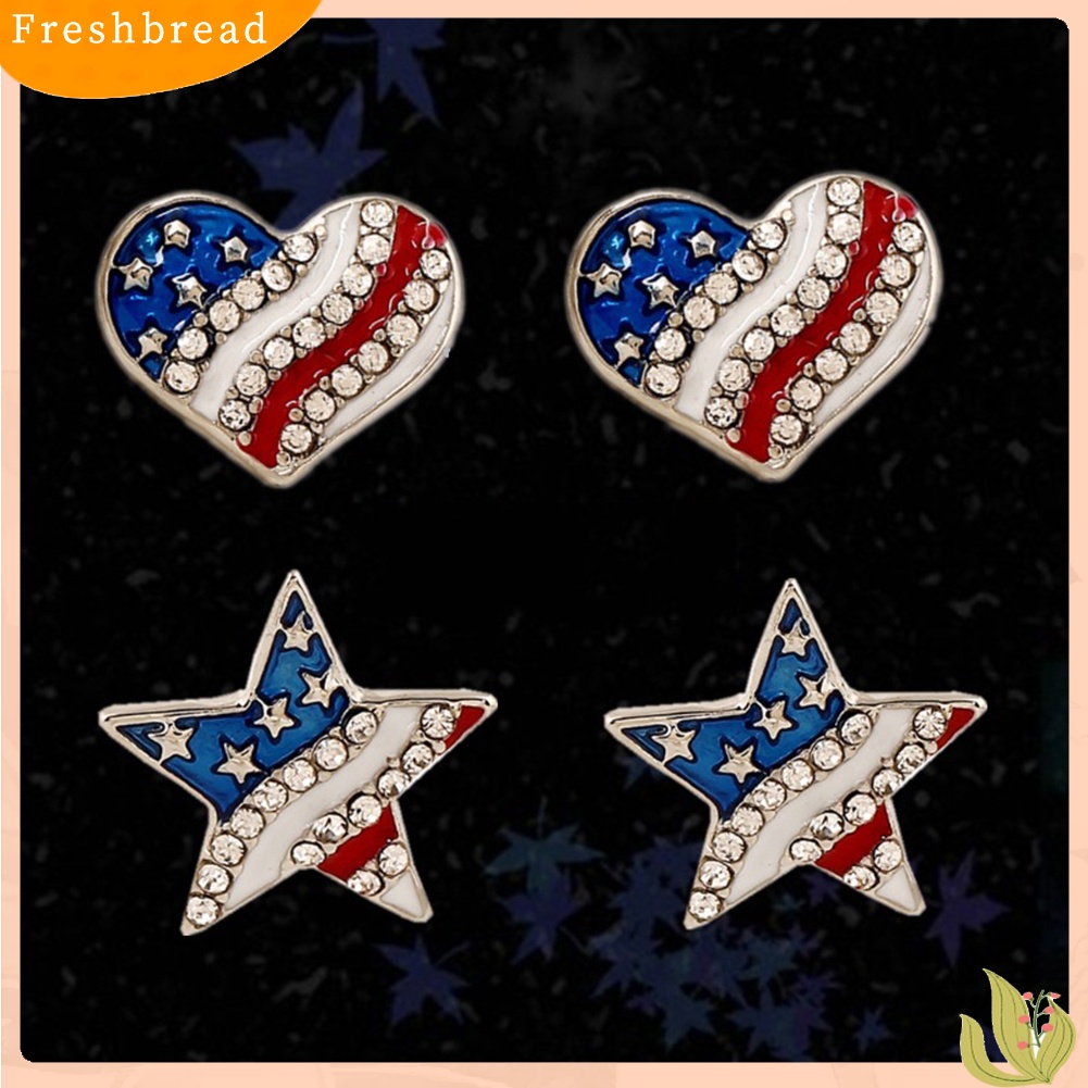 &lt; Freshbread &gt; Wanita Berlian Imitasi Bintang Cinta Hati Bendera Amerika Ear Studs Piercing Earrings Hadiah