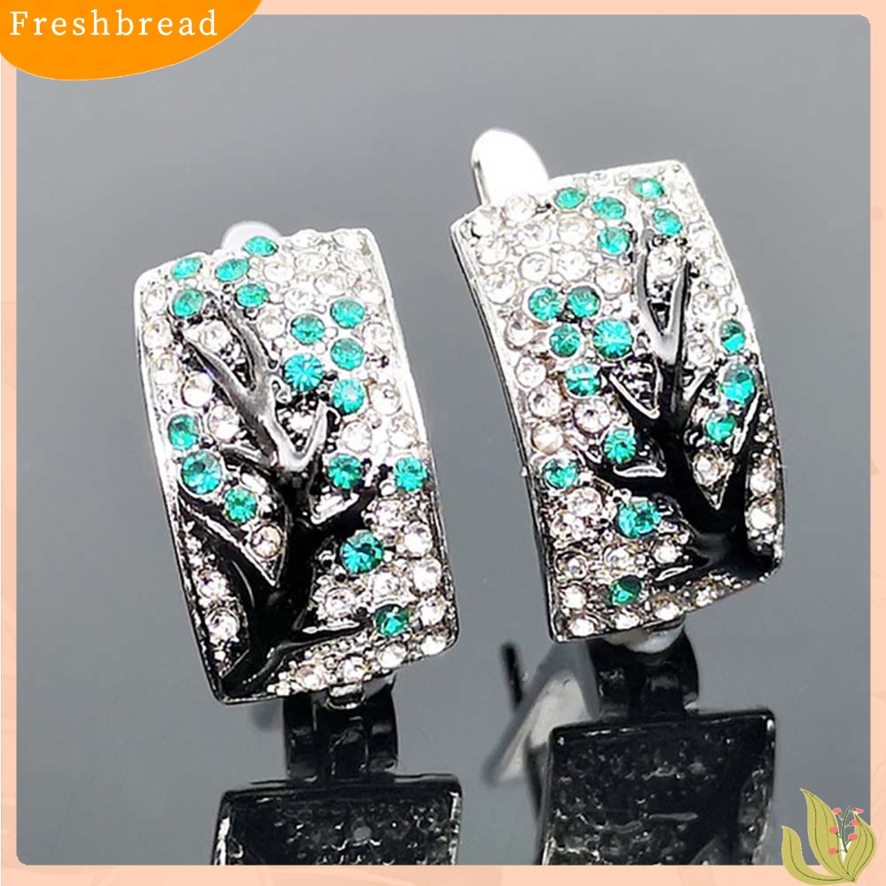 &lt; Freshbread &gt; Lady Shiny Plum Blossom Cabang Penuh Berlian Imitasi Bertatahkan Melengkung Anting-Anting Persegi Panjang