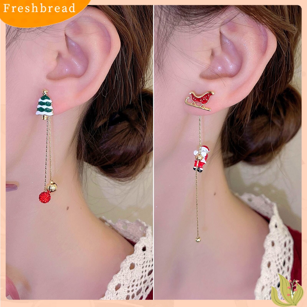 &lt; Freshbread &gt; 1pasang Anting Menjuntai Asimetris Rantai Panjang Rumbai Manis Festival All-match Dekorasi Hadiah Xmas Natal Santa Claus Snowflake Bell Drop Earrings