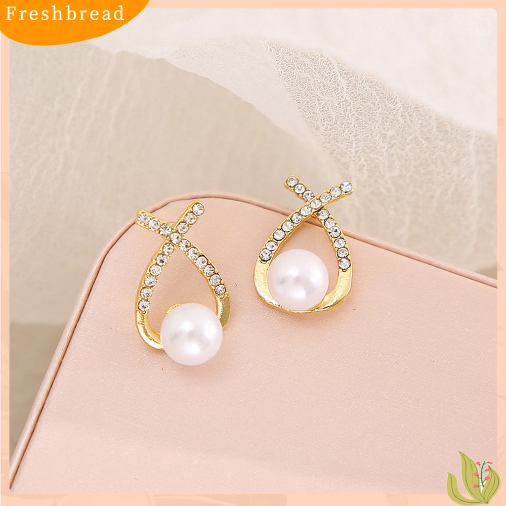 &lt; Freshbread &gt; 1pasang Anting Wanita Gaya Perancis Retro Elegan Berlapis Emas Hypoallergenic Hadiah Fashion Perhiasan High Gloss Faux Pearl Cross Ladies Earrings Untuk Pesta