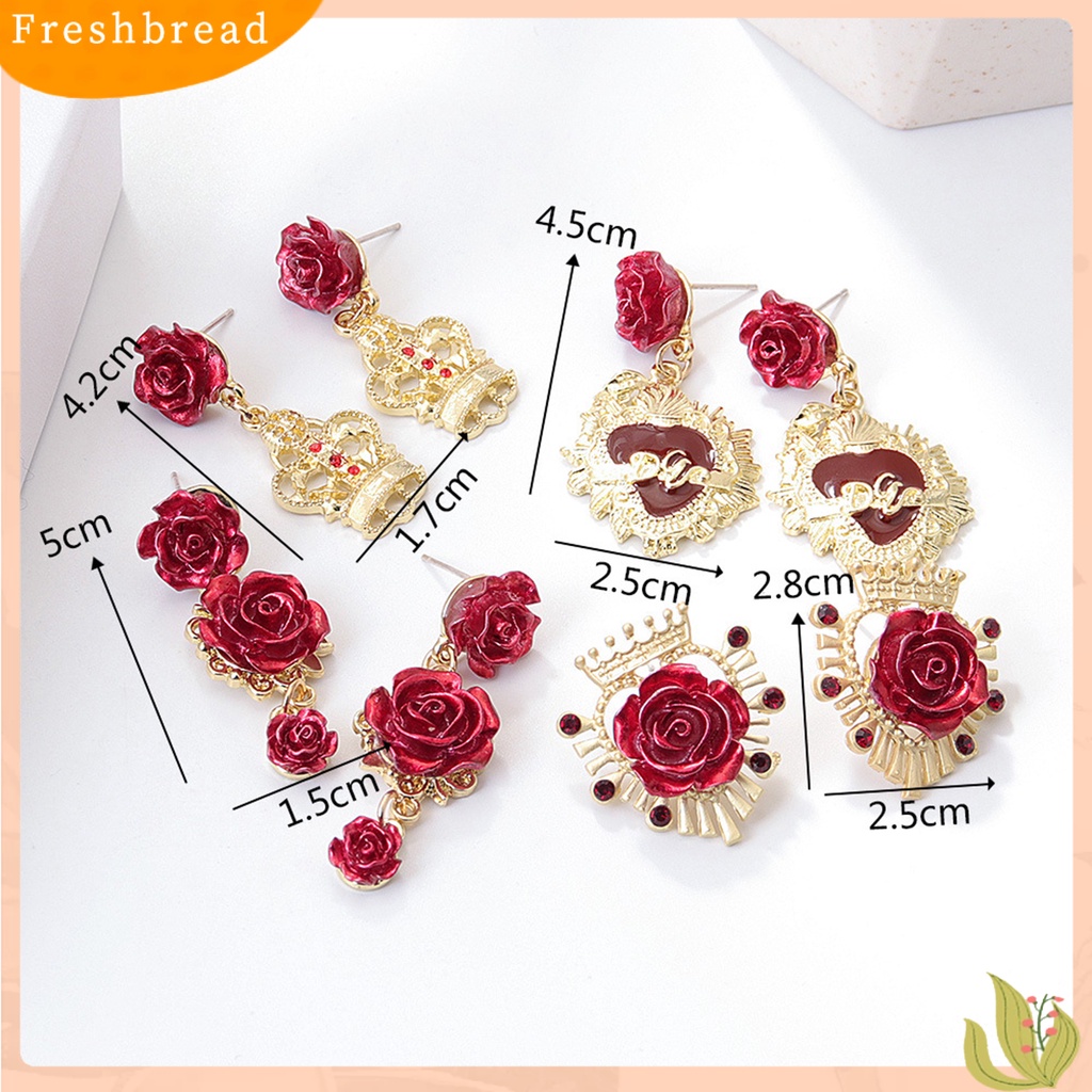 &lt; Freshbread &gt; 1pasang Retro Ear Stud Berlian Imitasi Alloy Rose Design Drop Earrings Aksesoris Telinga