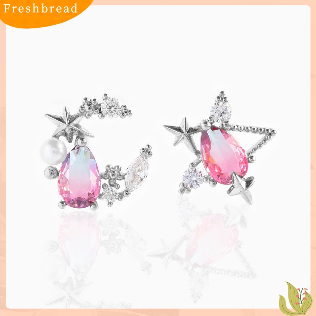 &lt; Freshbread &gt; 1pasang Anting Tusuk Telinga Alloy Chic Piercing Hias Bulan Bintang Berlian Imitasi Untuk Liburan