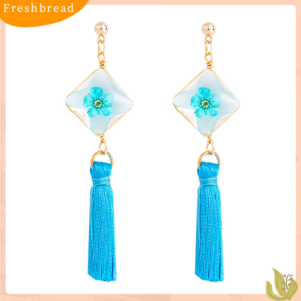 &lt; Freshbread &gt; Ethnic Square Daffodil Panjang Rumbai Menjuntai Ear Stud Earrings Wanita Perhiasan Hadiah