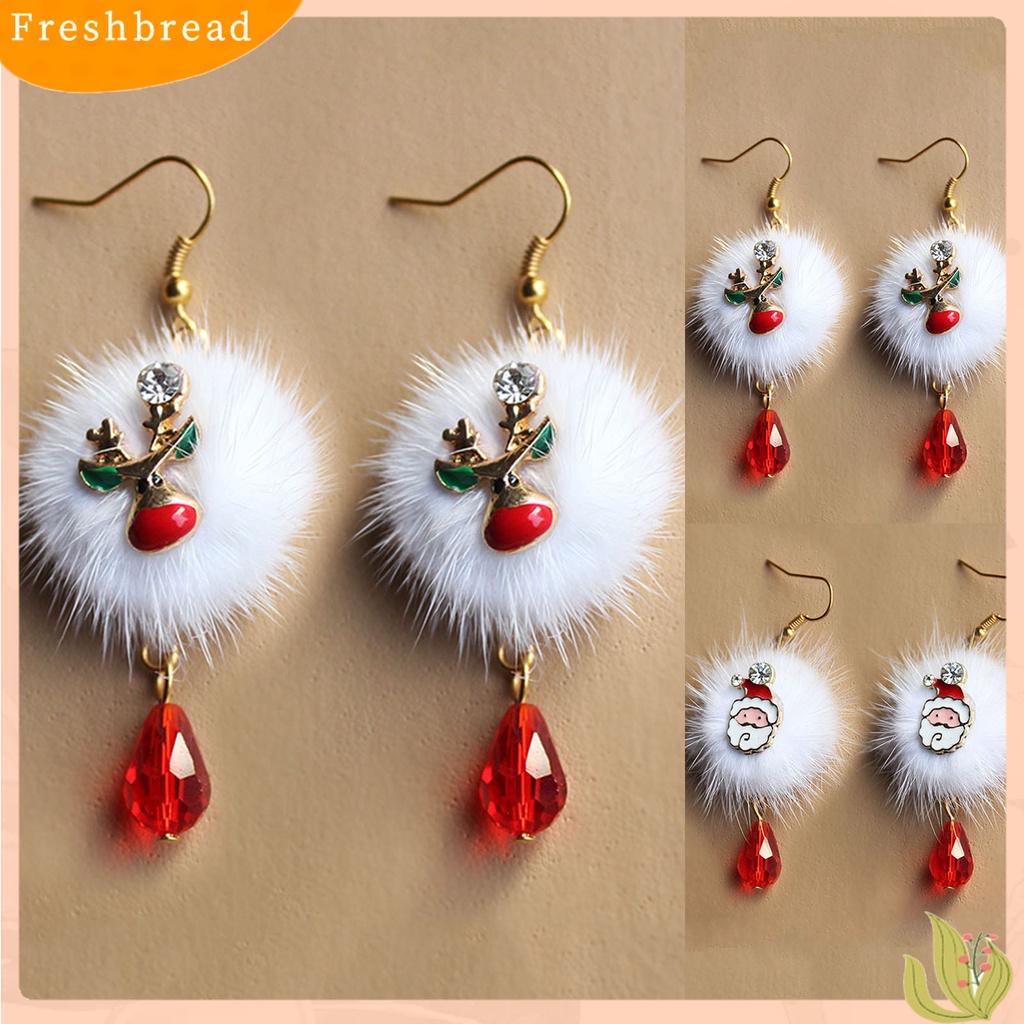 &lt; Freshbread &gt; 1pasang Putih Mewah Bola Merah Berlian Imitasi Xmas Anting Alloy Santa Claus Elk Pendant Hook Earrings Perhiasan Fashion