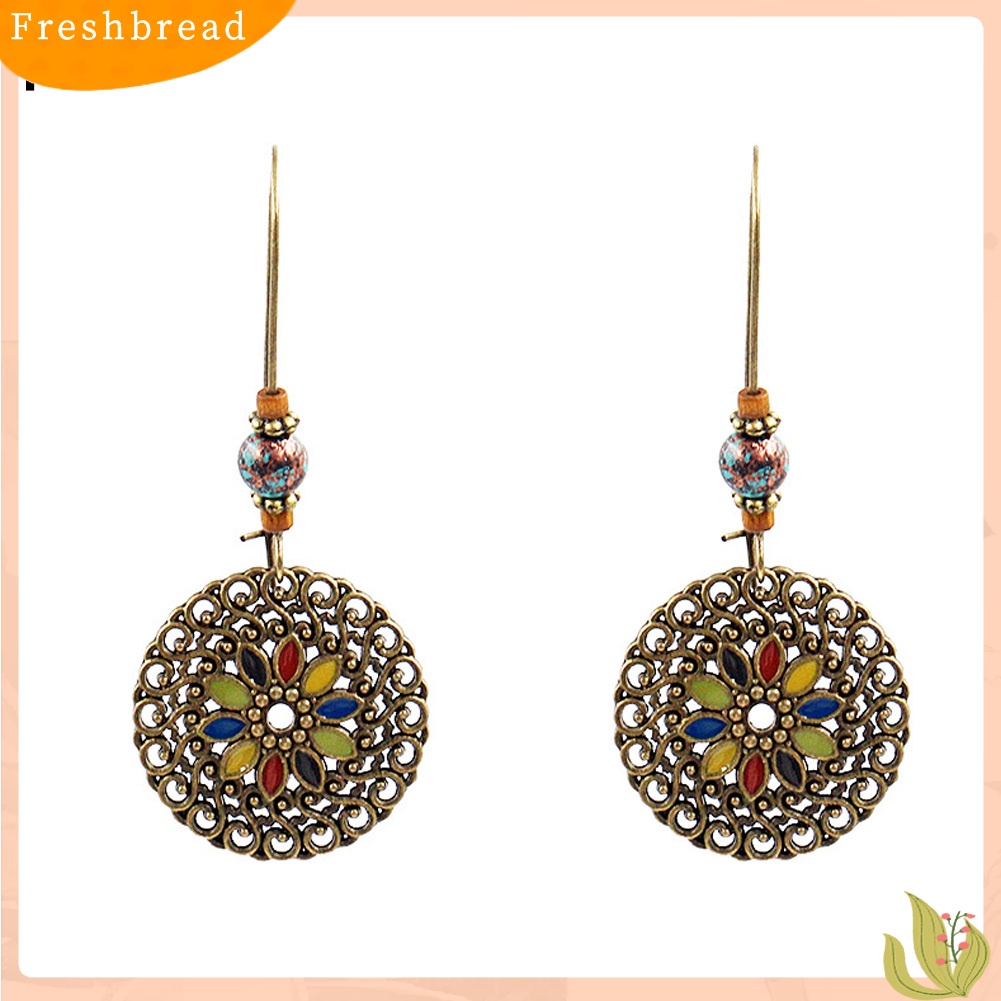 &lt; Freshbread &gt; Vintage Berongga Bulat Liontin Enamel Bunga Menjuntai Panjang Kerawang Anting Ukir