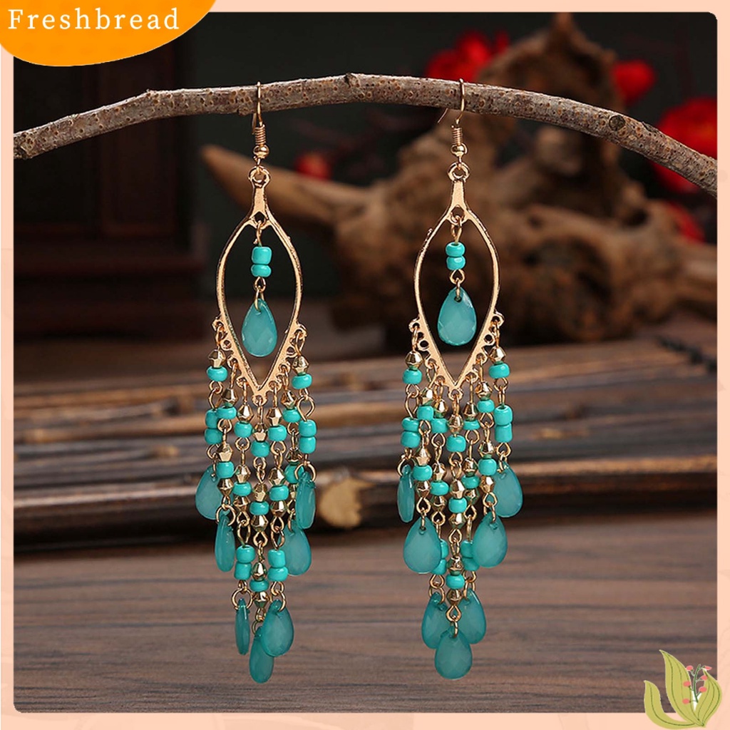 &lt; Freshbread &gt; 1pasang Anting Menjuntai Menawan Gaya Etnik Alloy Hollow Beads Rumbai Wanita Earrings Untuk Pesta