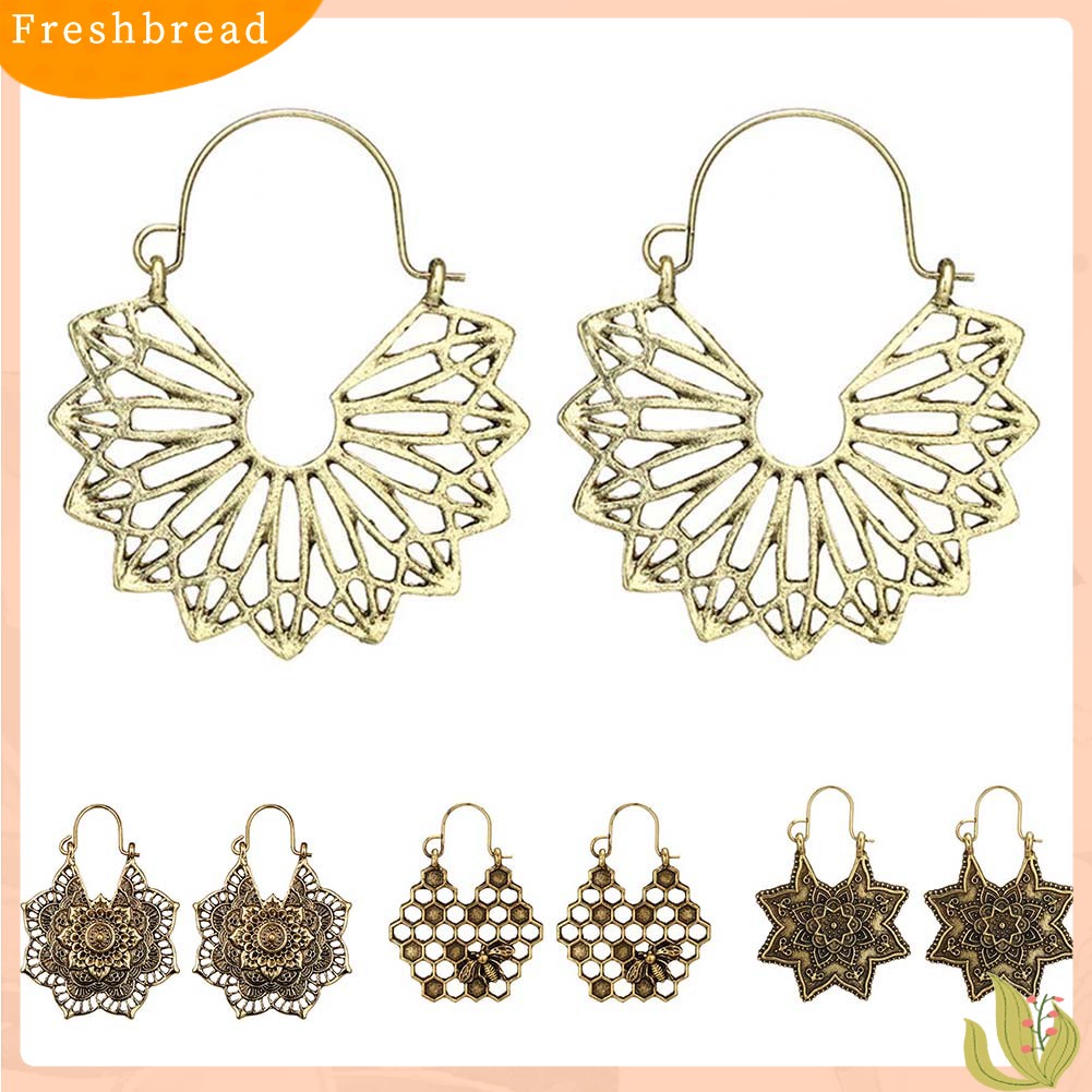 &lt; Freshbread &gt; Bohemian Wanita Berongga Bunga Sarang Lebah Kerawang Anting Hoop Retro Perhiasan Hadiah