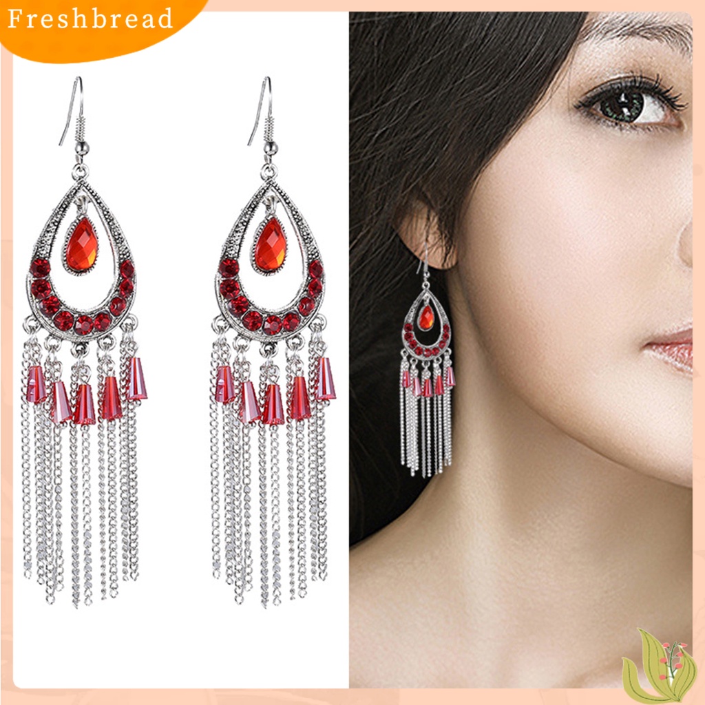 &lt; Freshbread &gt; 1pasang Anting Lady Bentuk Tetesan Air Rumbai Berlian Imitasi Vintage Drop Earrings Untuk Pakaian Sehari-Hari