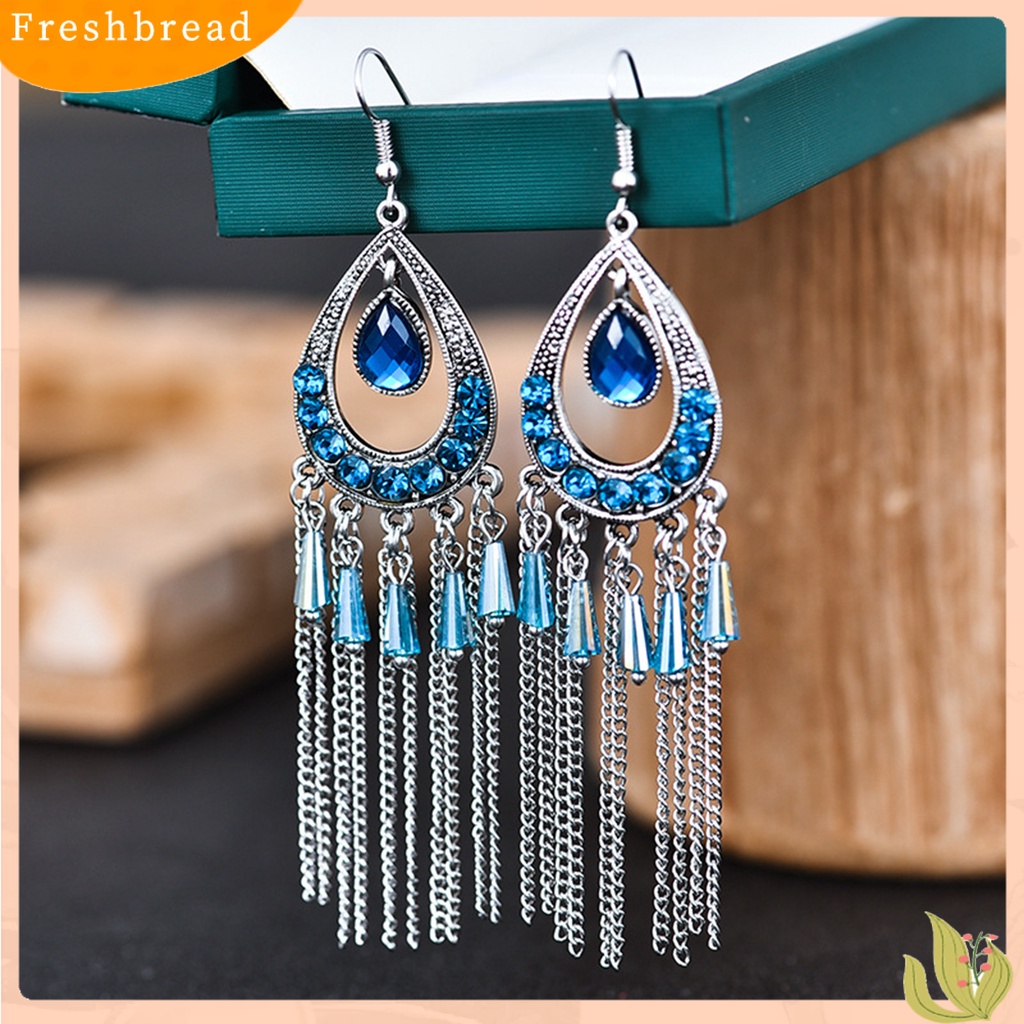 &lt; Freshbread &gt; 1pasang Anting Lady Bentuk Tetesan Air Rumbai Berlian Imitasi Vintage Drop Earrings Untuk Pakaian Sehari-Hari