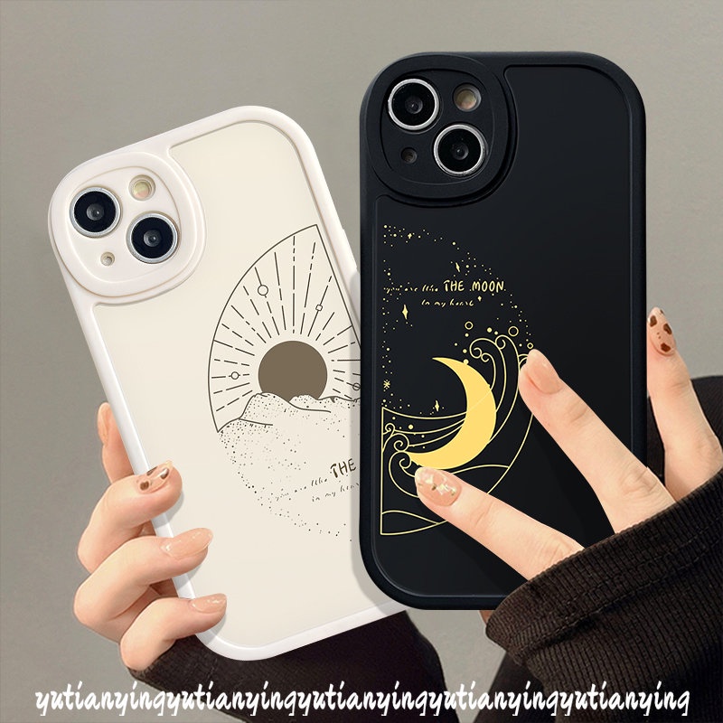 IPHONE Casing Pasangan Silikon Lembut Tpu Kartun Sederhana Kompatibel Untuk Iphone12 11 14 13 Pro MAX XR 7plus 76 6s 8 14 Plus XS X MAX SE 2020 Pasangan Bulan Matahari Penutup Belakang