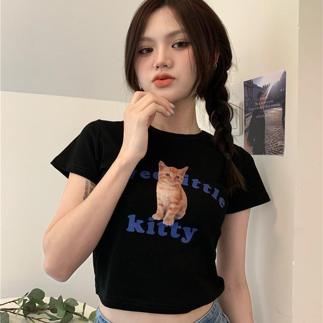 Red Cat print kaos lengan pendek wanita musim panas 2023 baru slim slim lengan pendek top