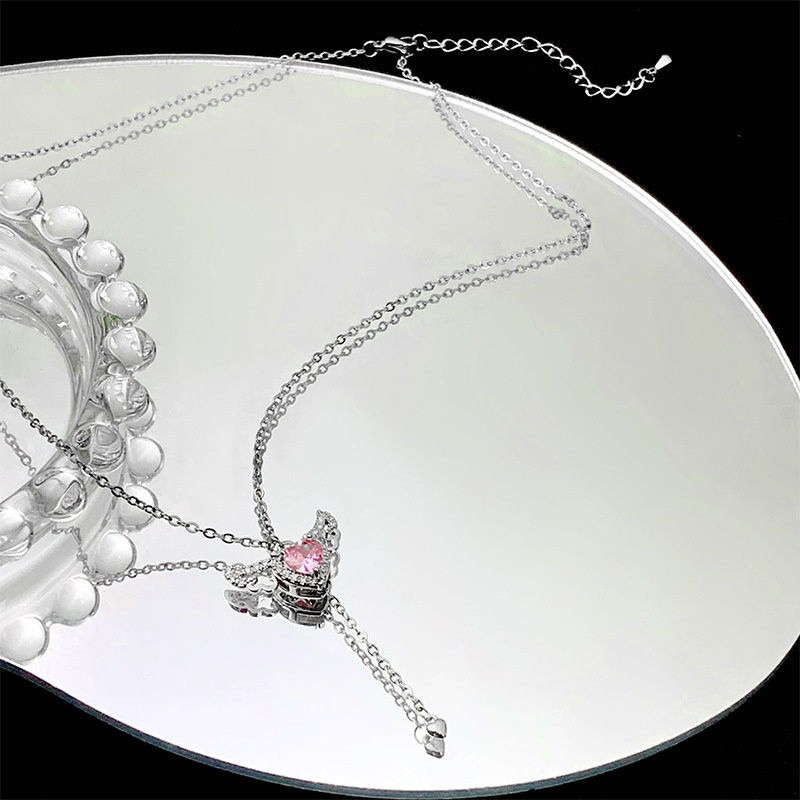 Cupid Pink Zirkon Cinta Kalung Korea Indah Berlian Sayap Malaikat Kalung Fashion Wanita Korea Necklace